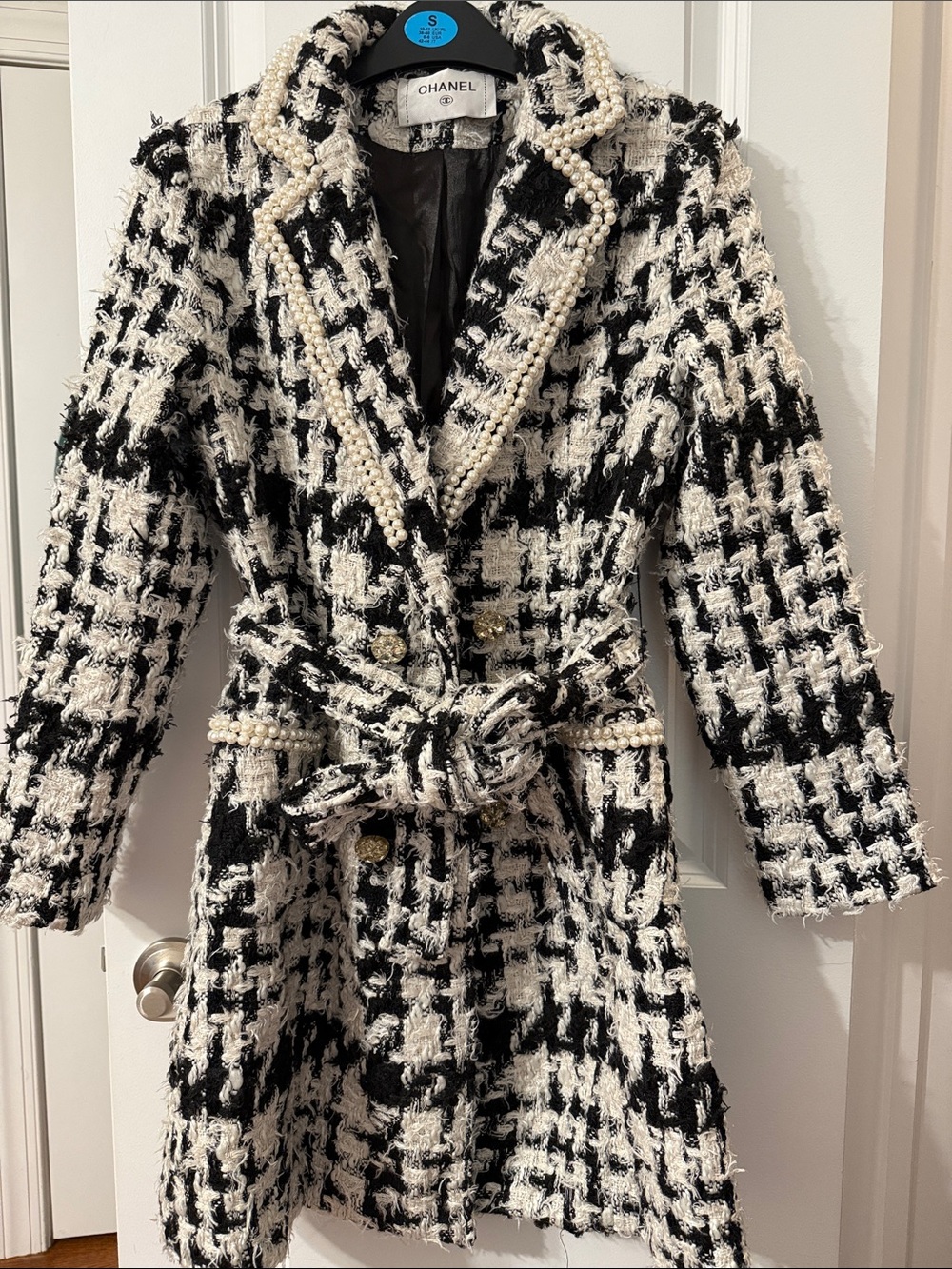 CC Black and White Tweed Pearl-Trim Belted Trench